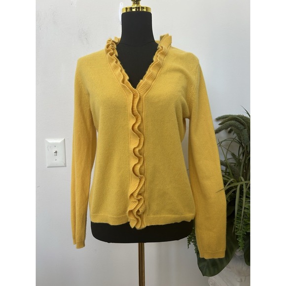 Garnet Hill Sweaters - Garnet Hill 100% Cashmere Cardigan Ruffle YellowSweater Prep Office Grannycore M